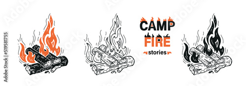 Vector Set of Wood Campfire. Outdoor Bonfire. Fire Flames and Wooden Logs. Burning Firewood or Fireplace. Outline and Silhouettes Drawing.