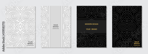 Set of ethnic covers, vertical templates. Collection of relief backgrounds with 3D openwork pattern, geometric texture of swirls. Tribal traditions of the East, Asia, India, Mexico, Aztecs, Peru.