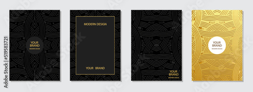 Set of ethnic covers, vertical templates. Collection of relief backgrounds with 3d pattern of lines and stripes, geometric golden texture. Tribal traditions of the East, Asia, India, Mexico, Aztecs