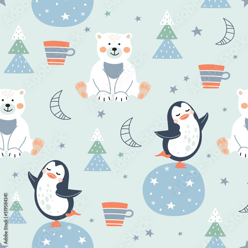 Seamless pattern with polar bears, penguins, fir trees and snowflakes.