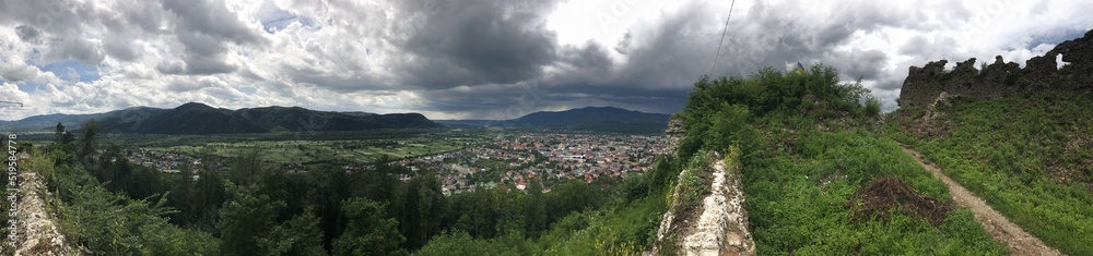 Panoramic photo. Panorama of the mountains. Carpathian Mountains.