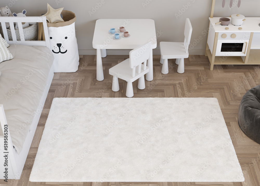 Mock up for carpet. Child room interior in contemporary style. Top view