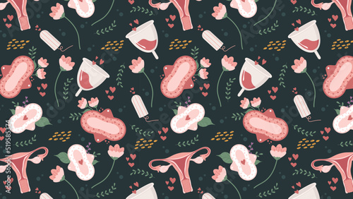 Seamless menstruation-themed pattern, background, banner with uterus, cups and feminine hygiene pads. Repetitive background. Colourful flat vector illustration