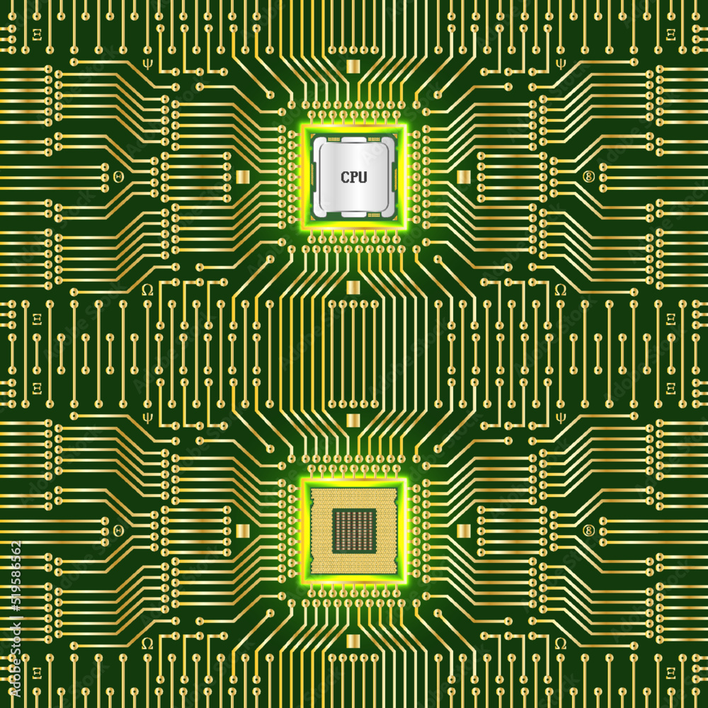 Vector abstract computer circuit or electronic scheme board with glowing  processor. Digital technological motherboard Stock Vector | Adobe Stock