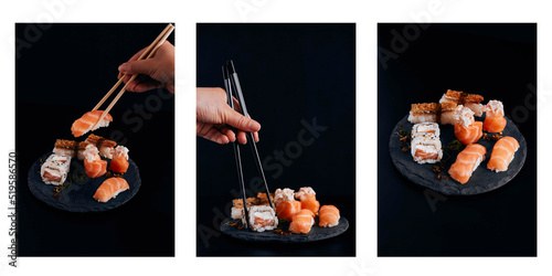 Set with tree images of sushi on black background. Sushi menu. Japanese sushi set.