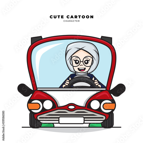 Cute cartoon character of muslim girl driving a car