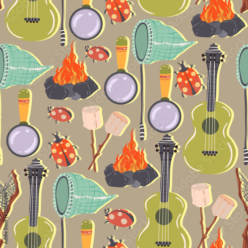 Vector illustration. Summer camp with Guitar, bonfire, marshmallow, magnifier, telescopic butterfly net. Pattern. Light background, wallpaper, cartoon style