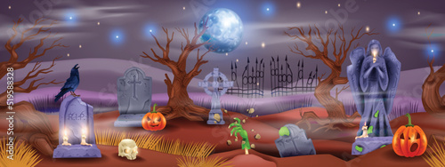 Halloween graveyard seamless background, vector spooky cartoon cemetery game illustration, moon. Stone tombstone grave, angel statue, dead tree, pumpkin, zombie hand, crook. Halloween graveyard banner