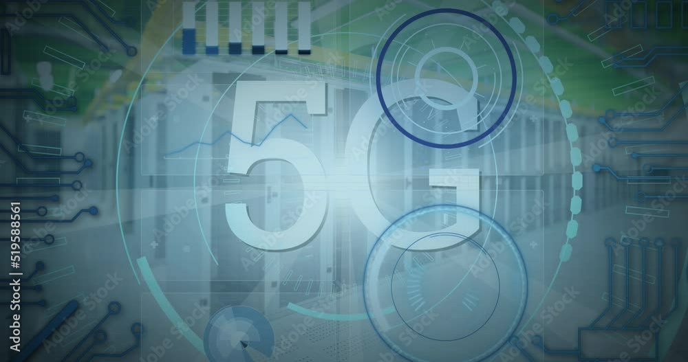 Animation of 5g text, scopes scanning and data processing over servers Animation of 5g text, scopes scanning and data processing over servers