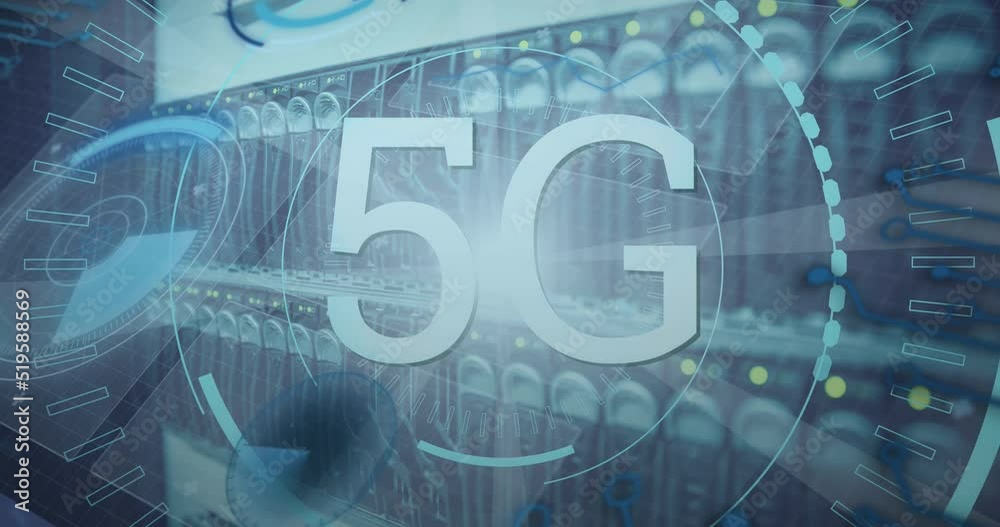 Animation of 5g text, scopes scanning and data processing over server Animation of 5g text, scopes scanning and data processing over server