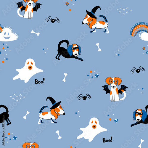 Halloween theme seamless pattern with cute pets characters. Hand drawn background with dogs in carnival costumes. Cute holiday repeated texture. Vector print for clothing, wrapping paper, cards.  © danielekaterina
