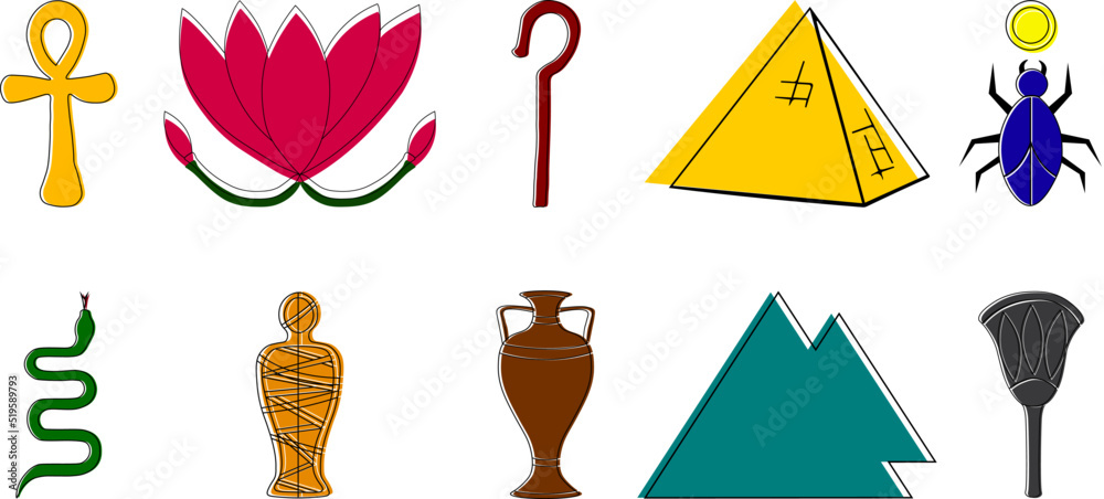 Egyptian icons set. Ankh, lotus, scepter, pyramid, scarab, snake, mummy, vase, Egyptian lotus Egyptian icons set. Ankh, lotus, scepter, pyramid, scarab, snake, mummy, vase, Egyptian lotus