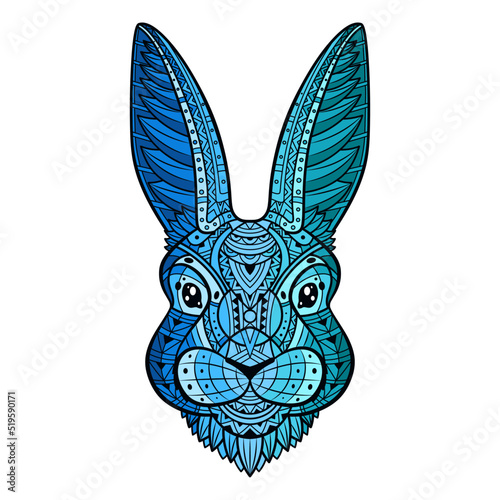 Rabbit headline art coloring. Hare bunny portrait. Line Art. Blue-green rabbit. Animal head. Hand-drawn with ethnic floral pattern. Boho, doodle style. Vector illustration. Isolated white background.