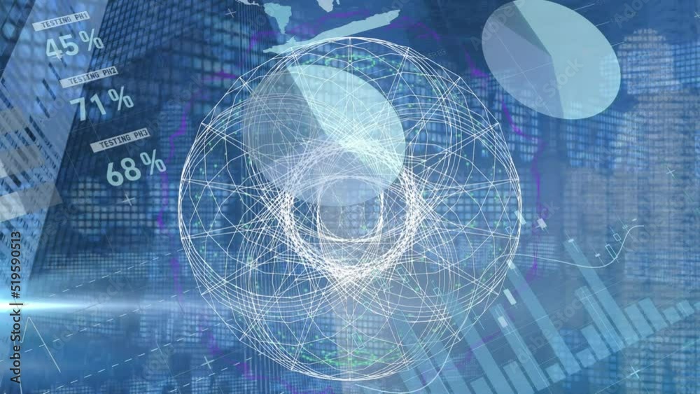 Animation of globe spinning and data processing over computer server Animation of globe spinning and data processing over computer server