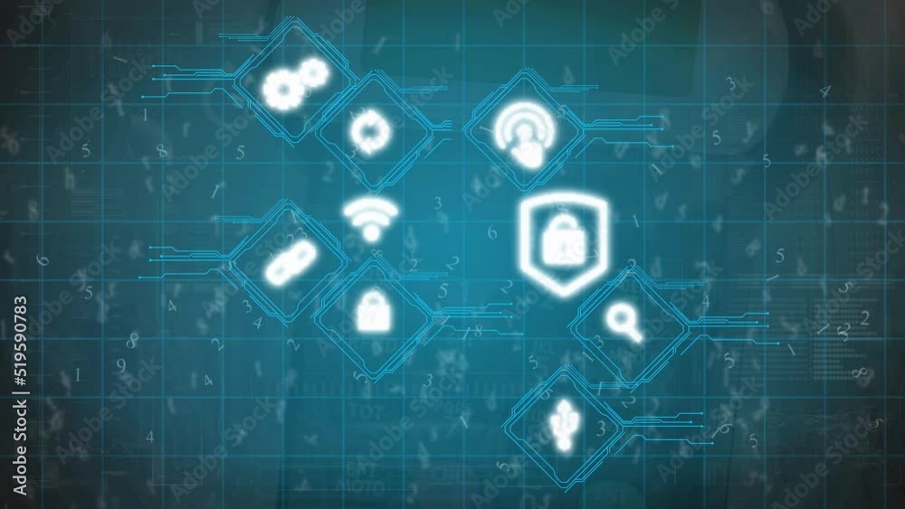 Animation of data processing and icons over smartphone Animation of data processing and icons over smartphone