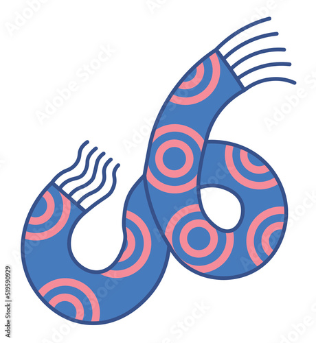 Vector cartoon drawing of flying blue scarf with pink circles pattern. Fun graphic print illustrarion for Christmas, New Year, birthday, celebration.