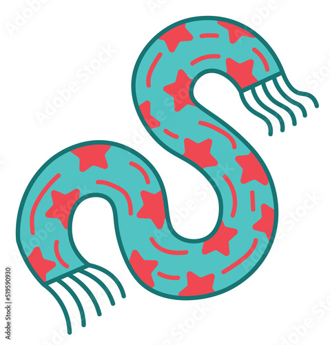 
Vector cartoon drawing of flying turquoise scarf with red stars and dashes pattern. Fun graphic print illustrarion for Christmas, New Year, birthday, celebration.