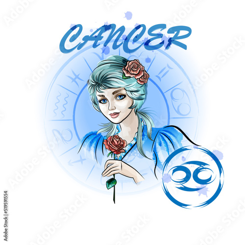 Zodiac sign Cancer. Portrait of a young lady with roses in the zodiac circle