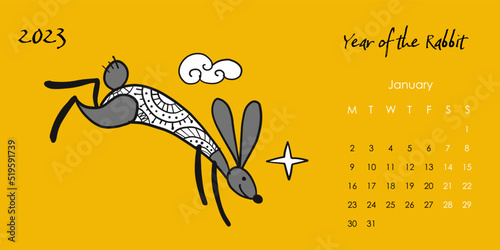 Happy chinese new year 2023 of the rabbit zodiac sign. Calendar template. Fun...
