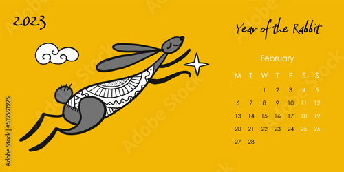 Happy chinese new year 2023 of the rabbit zodiac sign. Calendar template. Fun...
