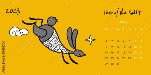 Happy chinese new year 2023 of the rabbit zodiac sign. Calendar template. Fun...
