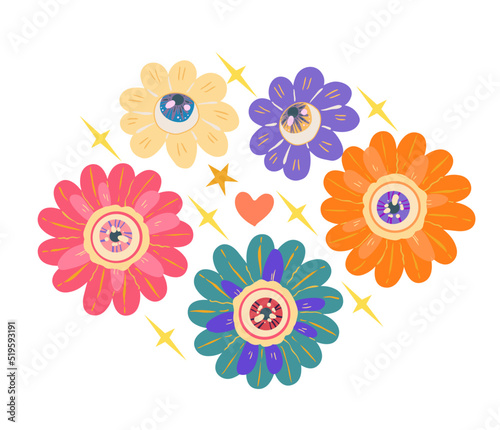 Groovy retro style. Hippie elements. Psychedelic flowers with eyes. Vector illustration. Sticker  patch  t-shirt print