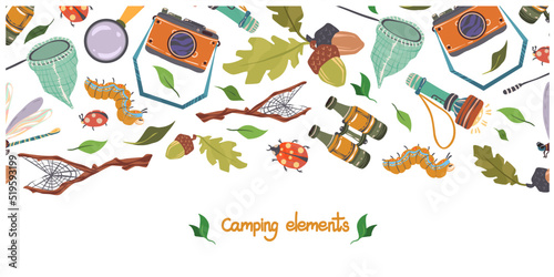 Vector illustration. Summer camp with camera, flashlight, binoculars, insects, telescopic butterfly net. Postcards, stickers