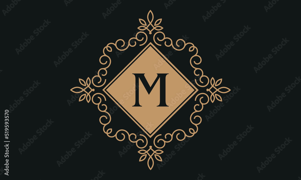 Luxury vector logo template for restaurant, royalty boutique, cafe, hotel jewelry, fashion. Floral monogram with the letter M.