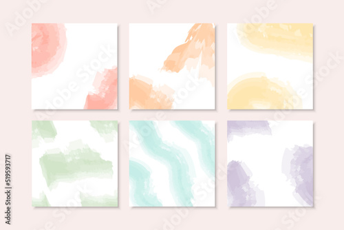 Set of minimalist design background in soft rainbow pastel color. Square abstract brush watercolor banner template for social media post, cover, poster, gift card, brochure, flyer, invitation, placard © Alice