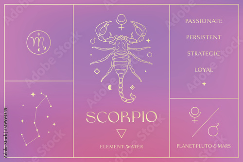 Scorpio Zodiac Sign Golden Design Illustrations. Esoteric Vector Element, Icon