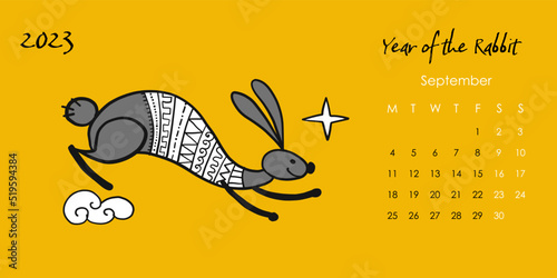 Happy chinese new year 2023 of the rabbit zodiac sign. Calendar template. Fun...