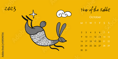 Happy chinese new year 2023 of the rabbit zodiac sign. Calendar template. Fun...