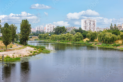 Embankment of the Rusanivka district in Kyiv on a summer day.