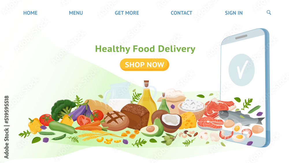 Grocery store online, Shopping, Supermarket, Fresh food, Home delivery, Ordering, Sale. Web page design template for Grocery store, Market with a set of delicious healthy foods. Vector illustration