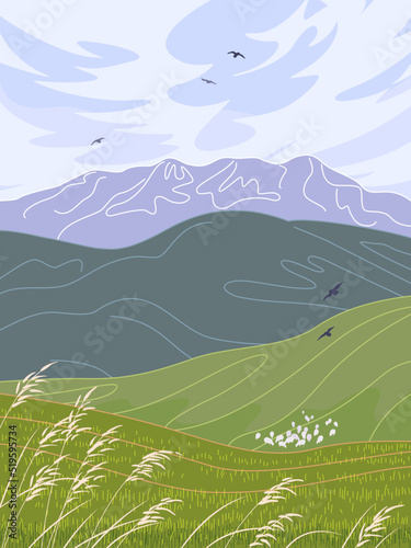 Landscape with  Mountains, Hills,  Flying Birds and  Wild Cereals