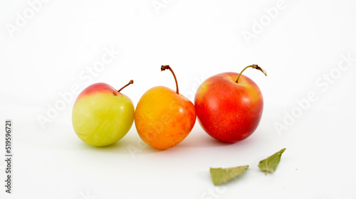 thee ripe wild organic plums on white