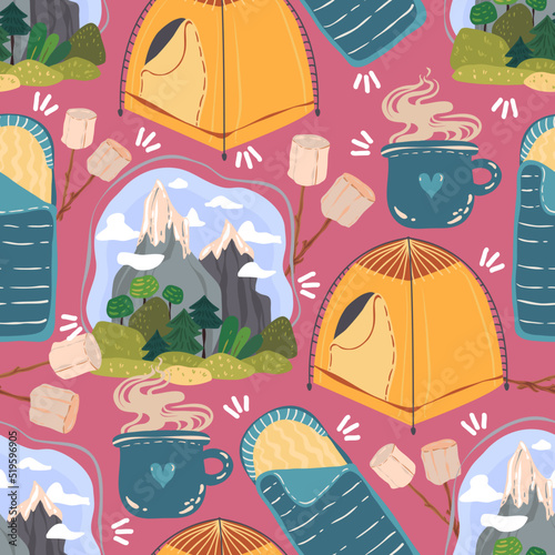 Vector illustration. Summer camp. Landscape with mountains, tent, sleeping bag, campfire, marshmallow, mug. Pattern. Pink background