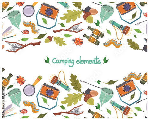 Summer camp with camera, flashlight, binoculars, insects, telescopic butterfly net. Vector illustration. Postcards, stickers