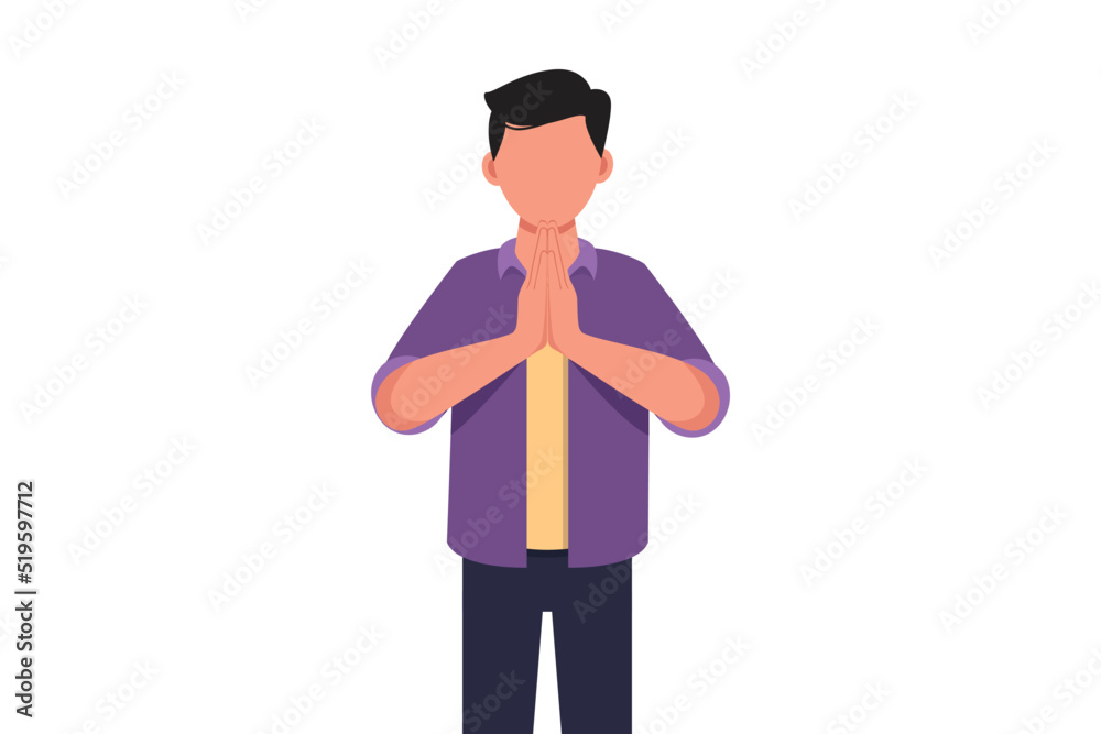 Business concept design young businessman in closed eyes praying hands together. Trendy person holding palms in prayer. Human emotion, body language gesture. Vector illustration flat cartoon style