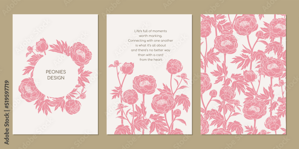 Flowers peony greeting card template in minimal line art style. Cover, seamless background, frame. Vector illustration