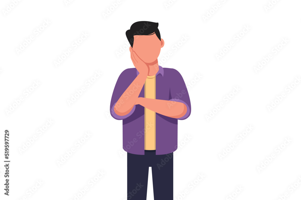 Business concept flat style of young businessman holding hand on cheek with crossed hand. Bored or tired person keeping hand on face. Male suffering from toothache. Graphic design vector illustration