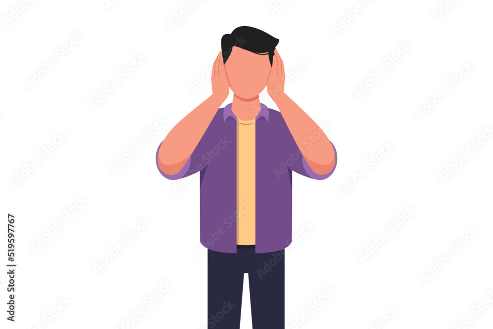 Business flat drawing young businessman covering or closing his ears with hands, making don't hear or listen gesture. Male manager does not want to hear or listen. Cartoon graphic vector illustration Business flat drawing young businessman covering or closing his ears with hands, making don't hear or listen gesture. Male manager does not want to hear or listen. Cartoon graphic vector illustration
