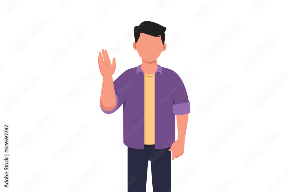 Business flat drawing young businessman showing palm as stop sign, stay, hold or rejection gesture. Male manager gesturing emotion and body language concept. Cartoon draw graphic vector illustration Business flat drawing young businessman showing palm as stop sign, stay, hold or rejection gesture. Male manager gesturing emotion and body language concept. Cartoon draw graphic vector illustration