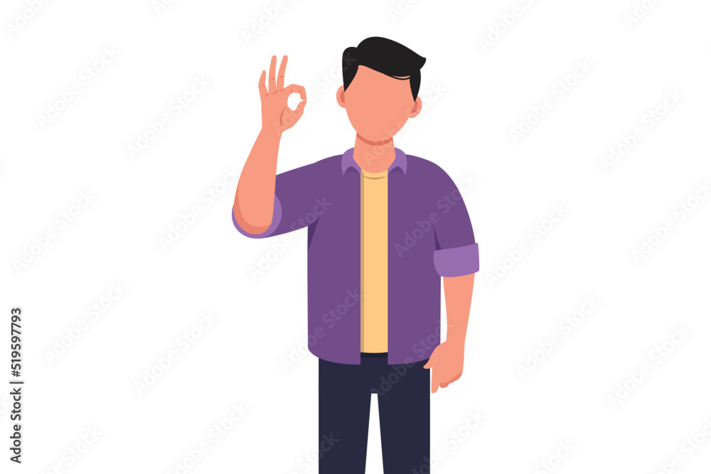 Business concept design businessman in casual clothes gesturing ok sign. Okay sign, gesture language. Smiling male manager standing showing ok sign with fingers. Vector illustration flat cartoon style