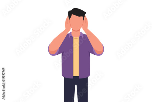 Business flat drawing young businessman covering or closing his ears with hands, making don't hear or listen gesture. Male manager does not want to hear or listen. Cartoon graphic vector illustration