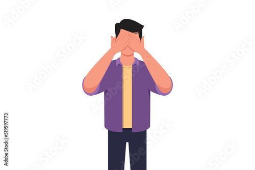Business concept design young businessman closes his eyes with his hands because of disgust and reluctance to see something, fear or sadness. Hand gesture. Vector illustration flat cartoon style