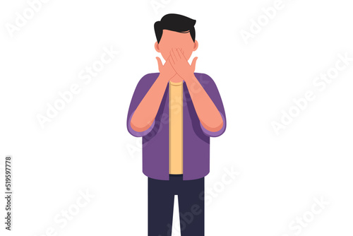 Business concept flat style businessman covering mouth with hands. Male mouth, hand shocked with shame for mistake, expression of fear, scared in silence, secret. Graphic design vector illustration