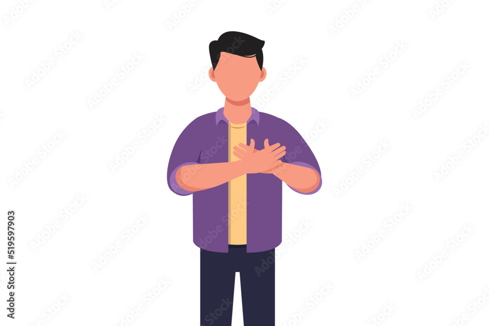 Business concept design young businessman keeping hands on chest. Male suffering from chest pain or heart attack. Health care concept. Emotion and body language. Vector illustration flat cartoon style