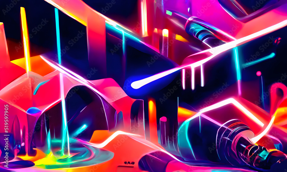 Abstract art of futuristic background with glowing neon lines, colorful laser rays, creative design templates, tender and dreamy design.