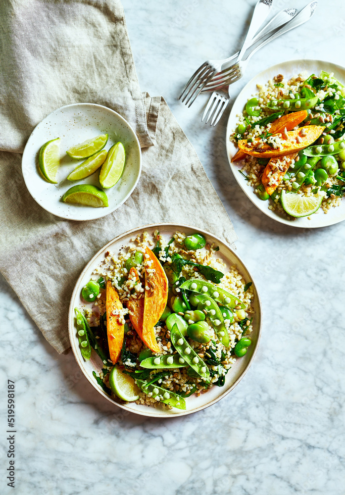 Bulgur Tabbouleh with broad beans, spinach, sweet potato, green pea and herbs (topped with toasted sunflower seeds) Bulgur Tabbouleh with broad beans, spinach, sweet potato, green pea and herbs (topped with toasted sunflower seeds)